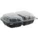 A case of 100 black plastic hinged containers with clear lids, each with two compartments.
