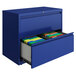 A blue Hirsh Industries lateral file cabinet with an open drawer containing folders.