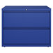 A blue Hirsh Industries two-drawer lateral file cabinet.
