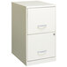 A Hirsh Industries white vertical file cabinet with two drawers and silver handles.