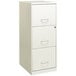 A white Hirsh Industries vertical file cabinet with three drawers and a lock.