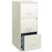 A Hirsh Industries pearl white vertical file cabinet with three drawers, one open.