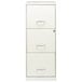 A white Hirsh Industries vertical file cabinet with three drawers and silver handles.