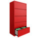 A Hirsh Industries lava red lateral file cabinet with an open drawer.