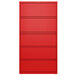 A red Hirsh Industries lateral file cabinet with five drawers.