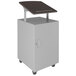 A weathered charcoal and arctic silver wooden mobile podium with a laminate top and lockable storage.