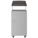 A grey Hirsh Industries mobile lectern with a white door and a lock.