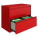 A Hirsh Industries lava red lateral file cabinet with two drawers, one open.