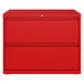 A red metal Hirsh Industries two-drawer lateral file cabinet.