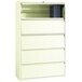 A white Hirsh Industries lateral file cabinet with five drawers and a shelf.