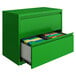 A Hirsh Industries green two-drawer lateral file cabinet.
