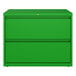 A green Hirsh Industries two-drawer lateral file cabinet.