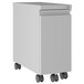 A white rectangular Hirsh Industries mobile pedestal file cabinet with wheels.