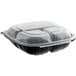 A Choice black plastic hinged container with 3 compartments and a clear lid.