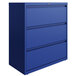 A blue Hirsh Industries lateral file cabinet with three drawers.