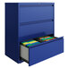 A Hirsh Industries classic blue lateral file cabinet with three drawers, one open.