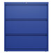 A blue rectangular Hirsh Industries file cabinet with three drawers and black trim.