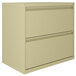 A tan Hirsh Industries lateral file cabinet with two drawers.