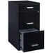 A black Hirsh Industries vertical file cabinet with an open drawer.