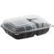 A Choice black plastic microwaveable container with three compartments and a clear lid.