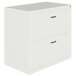A white Hirsh Industries lateral file cabinet with silver handles.