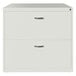 A white Hirsh Industries lateral file cabinet with two drawers and silver handles.