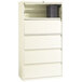 A white Hirsh Industries lateral file cabinet with a shelf above the drawers.