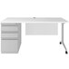 A white Hirsh Industries teacher's desk with a drawer and a cabinet with two drawers.