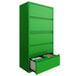A Hirsh Industries green lateral file cabinet with five drawers and roll-out binder storage.