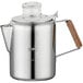 A silver stainless steel stovetop percolator with a wooden handle.