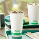 A tray with two white EcoChoice Compostable PLA Paper Cold Cups with green text on them.