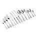 A set of various stainless steel cutlery pieces, including forks, knives, and spoons, arranged in a row on a white background.
