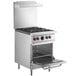A stainless steel Vulcan gas range with a space saver oven door open.