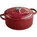 A Valor Merlot enameled cast iron Dutch oven with a lid and silver knob.