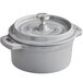 A slate grey Valor enameled cast iron pot with a lid.