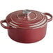 A Valor Merlot enameled cast iron dutch oven with a lid and handle.