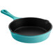 A blue Valor enameled cast iron skillet with a black handle.