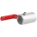 A metal pipe with a silver and red ball valve handle.