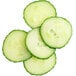A close-up of cucumber slices on a white background.