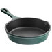 A Valor green enameled mini cast iron skillet with a handle.
