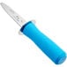 A Choice Boston style oyster knife with a blue handle and silver guard.