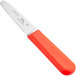 A Choice stainless steel clam knife with a red handle.