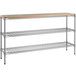 A three shelf metal wire shelving unit with a wooden top.