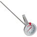 An AvaTemp candy and deep fry thermometer with a metal stick and red handle.