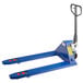 A blue Lavex pallet jack with a handle and red wheels.