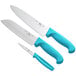 A Choice 3-piece knife set with knives with neon blue handles in a knife block.