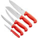 A group of four kitchen knives with red handles.