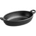 An American Metalcraft black oval faux cast iron melamine casserole pan with handles.