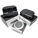 Three black rectangular BFM Seating wireless charging stations with lids.