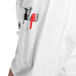 A white short sleeve chef coat with a mesh back and a red pen pocket.